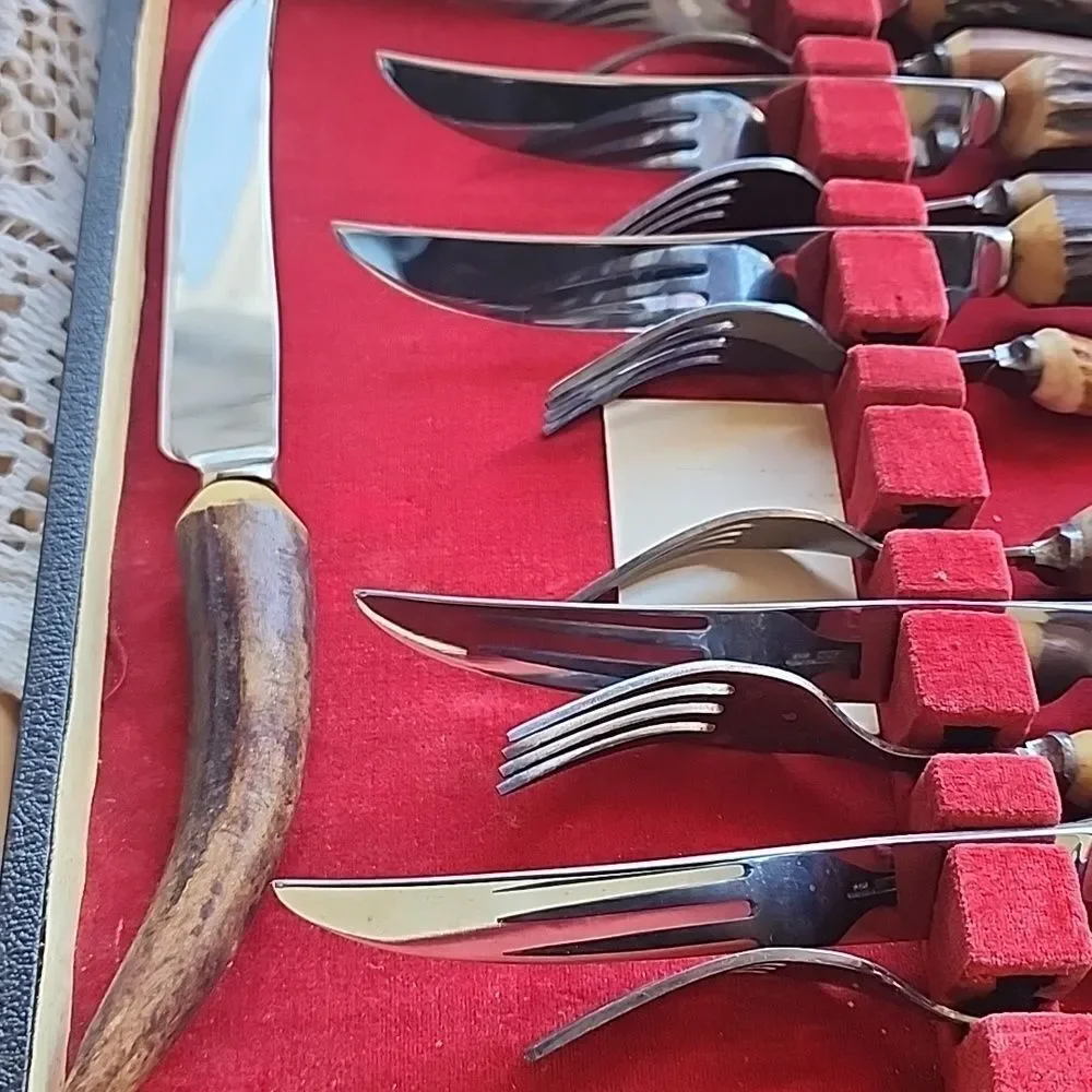 Vintage J Sanderson & Son Faux Stag Horn/Antler Knife/Fork Set Original Case